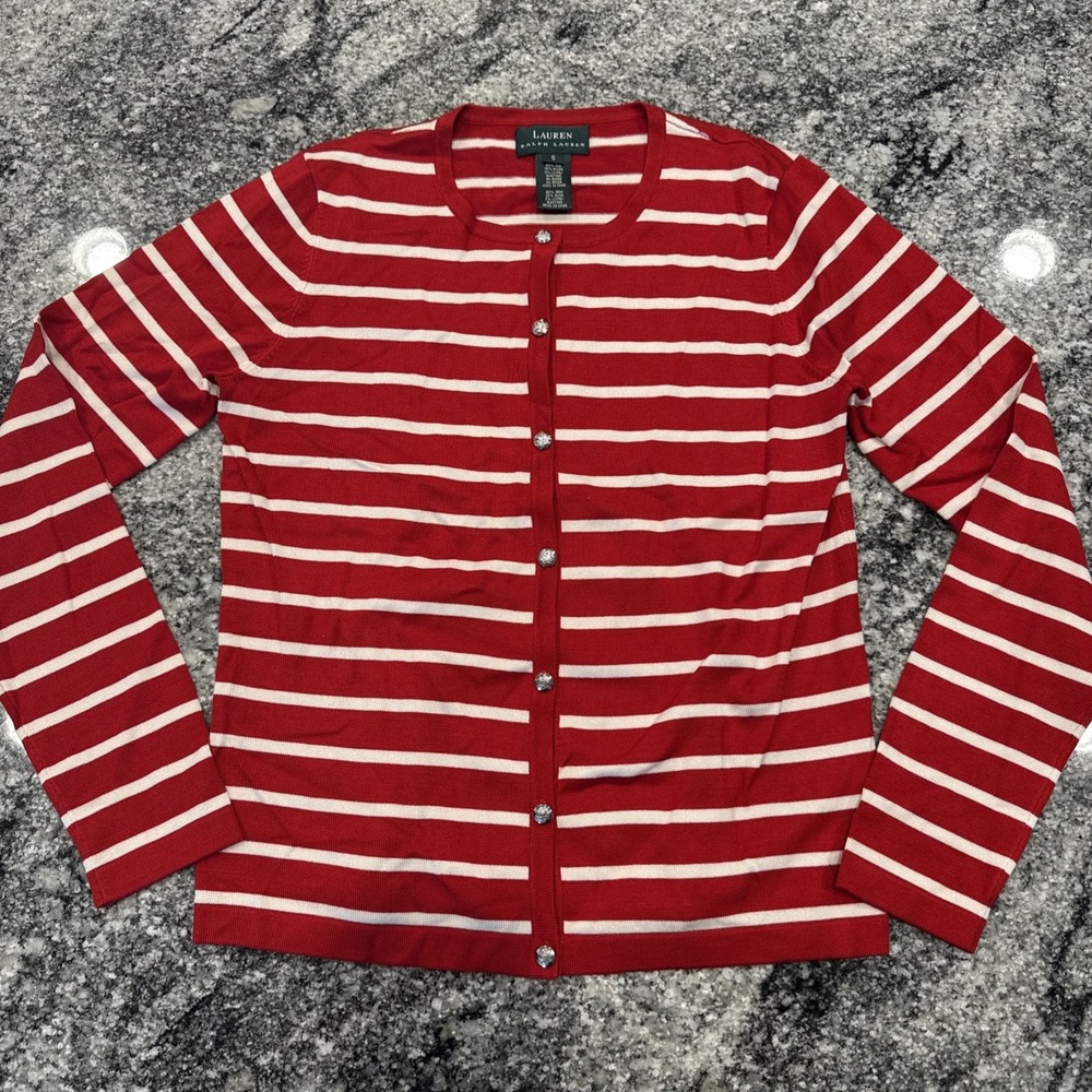 Lauren Ralph Lauren Red & Cream Striped Button Cardigan